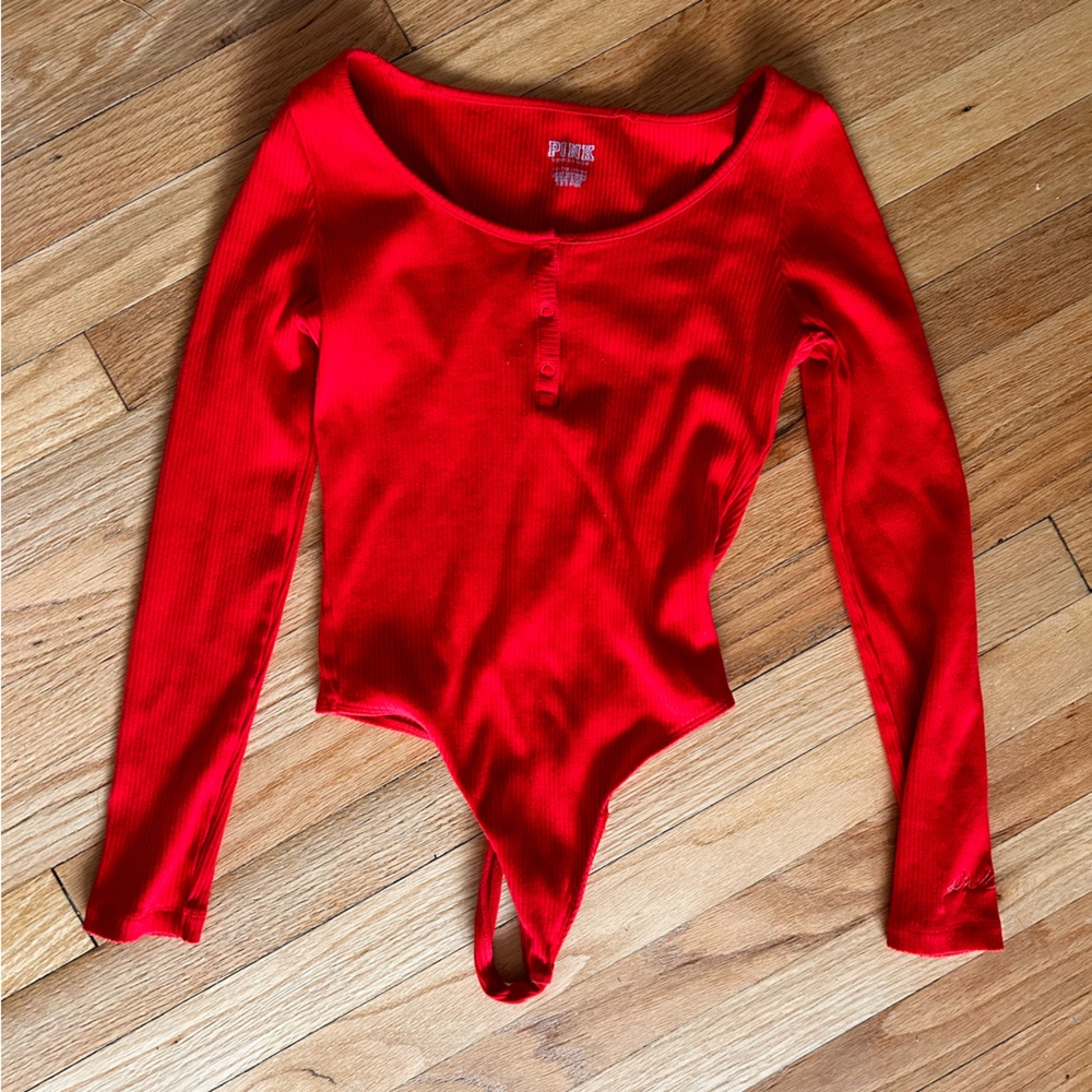 Pink Victoria secret red ribbed bodysuit